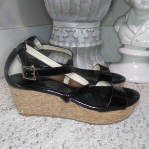 Jimmy Choo Portia 70 Black Patent Leather Cork Platform Wedge Heeled Sandals